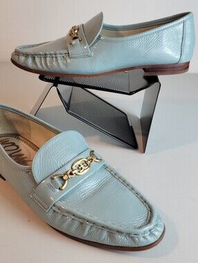 Sam Edelman Women's Lucca Horse Bit MocToe Loafer Crinkle Leather Powder Blue 9M